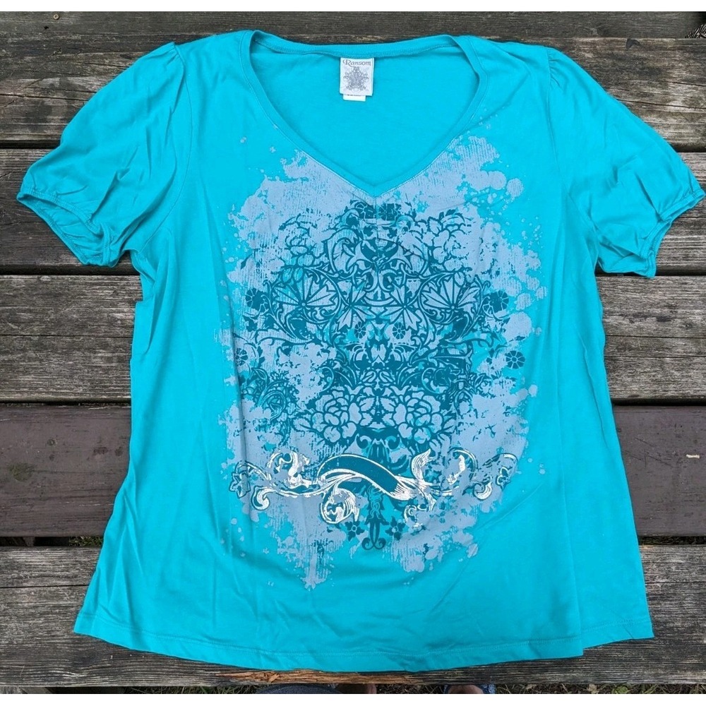 Woman's Tee Shirt Size 18/20 Ransom Turquoise Puffed Short Sleeve Plus Top